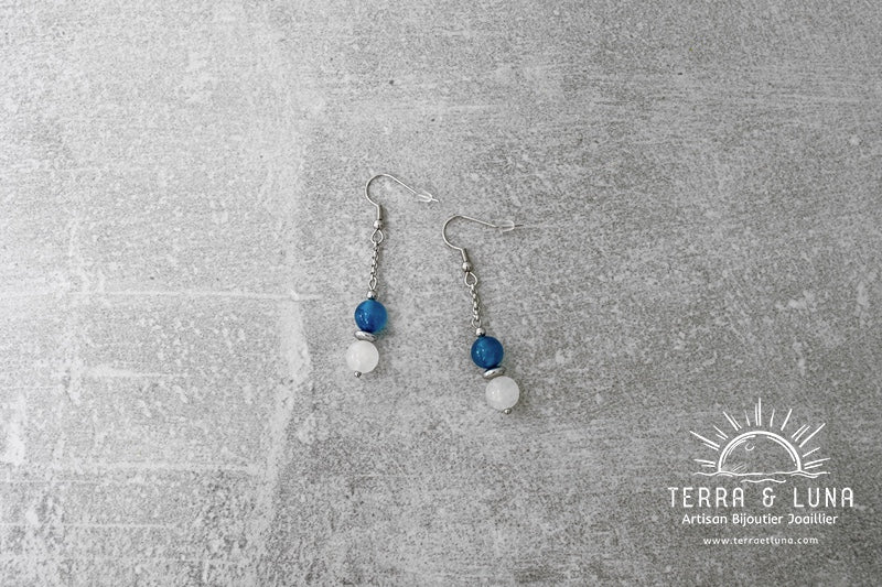 Boucles d'oreilles en perles naturelles de Pierre de Lune, Agate Bleue et Hématite Elia