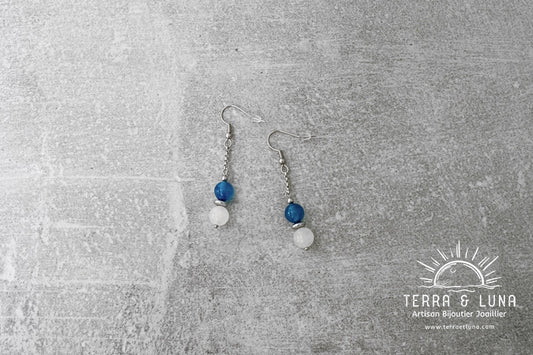 Boucles d'oreilles en perles naturelles de Pierre de Lune, Agate Bleue et Hématite Elia