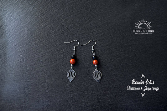 Boucles d'oreilles Lotus en perles naturelles d'obsidienne noire et Jaspe rouge