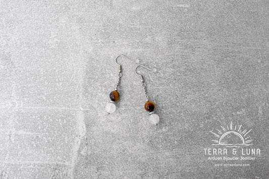 Boucles d'oreilles en perles naturelles de Pierre de Lune, Oeil de Tigre et Hématite Elia
