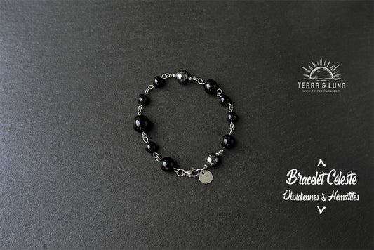Bracelet Céleste en perles naturelles d'Obsidienne Oeil Céleste et Hématites