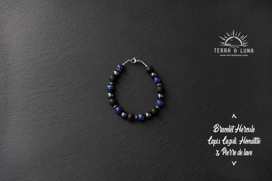Bracelet Hercule en perles naturelles de Lapis Lazuli, Hématite et pierre de lave, bracelet premium mixte