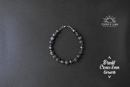 Bracelet Premium Cronos en perles naturelles de Labradorites et Hématites montées sur câble acier avec fermoir, version 8mm