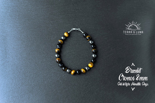 Bracelet de protection Premium Cronos en perles naturelles d'Oeil de Tigre, Onyx et Hématites montées sur câble acier avec fermoir