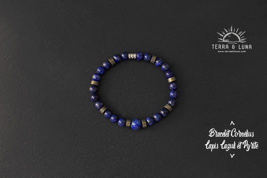 Bracelet Cornélius en perles naturelles de Lapis Lazuli et Pyrite, Bracelet élastique mixte en perles naturelles