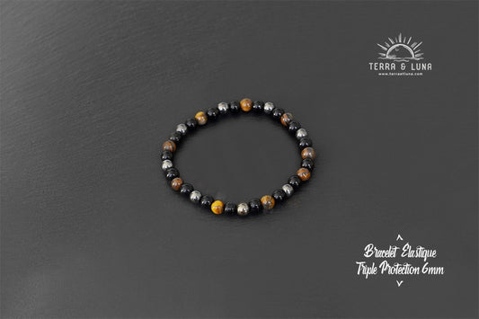 Bracelet triple protection en perles naturelles d'Oeil de Tigre, Obsidienne et Hématite, Bracelet élastique mixte en perles naturelles 6mm
