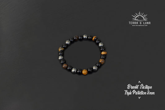 Bracelet triple protection en perles naturelles d'Oeil de Tigre, Obsidienne et Hématite, Bracelet élastique mixte en perles naturelles