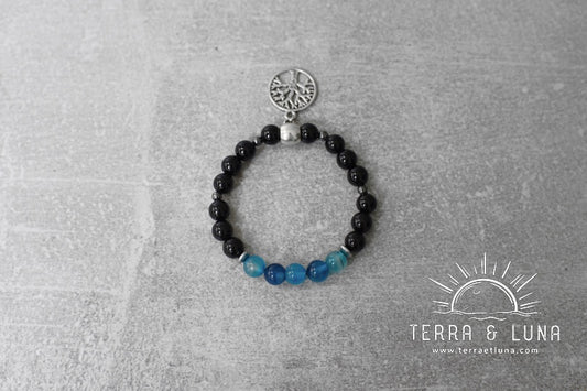 Bracelet en perles naturelles d'Agates noires et Agates bleues, Bracelet élastique mixte en perles naturelles
