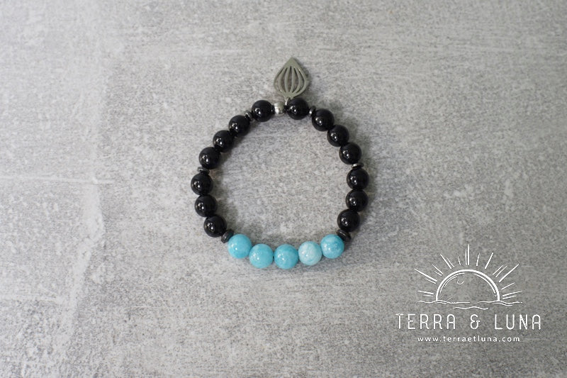 Bracelet en perles naturelles d'Onyx et Aigue Marine, Bracelet élastique mixte en perles naturelles