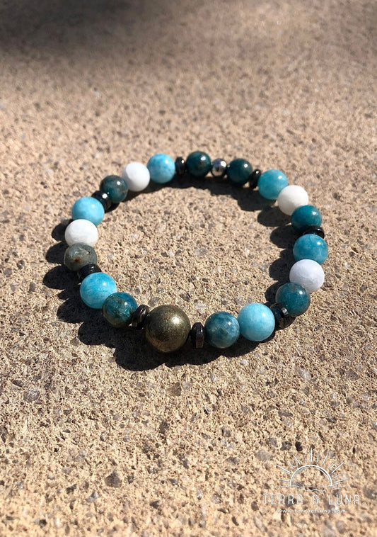 Bracelet en perles naturelles d'Aigue Marine, Calcite bleue, Apatite et Pyrite, Bracelet élastique mixte en perles naturelles