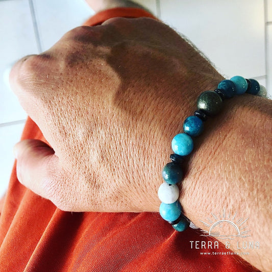 Bracelet en perles naturelles d'Aigue Marine, Calcite bleue, Apatite et Pyrite, Bracelet élastique mixte en perles naturelles