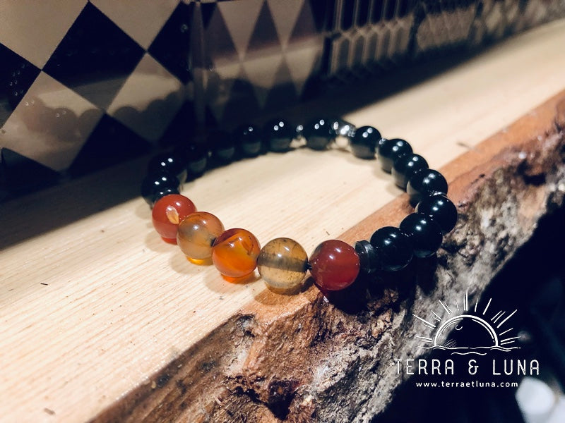 Bracelet en perles naturelles d'Onyx et Agate de Madagascar, Bracelet élastique mixte en perles naturelles