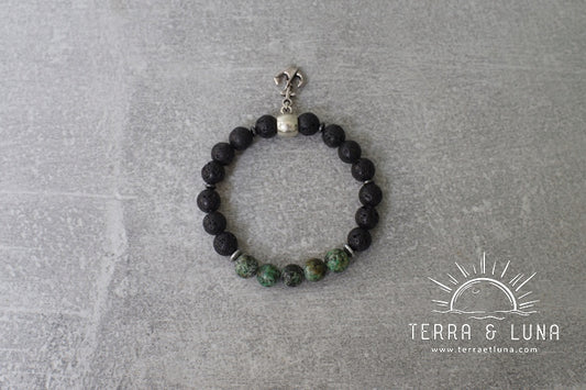 Bracelet en perles naturelles de Pierre de lave et Turquoises Africaines, Bracelet élastique mixte en perles naturelles