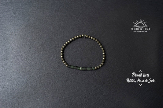 Bracelet Icare en perles naturelles de Pyrite et Heishi de Jade vert, Bracelet élastique mixte en perles naturelles