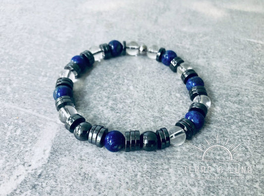 Bracelet en perles naturelles de Lapis Lazuli, Cristal de roche et Hématites, Bracelet élastique mixte en perles de Lapis Lazuli, Cristal de roche