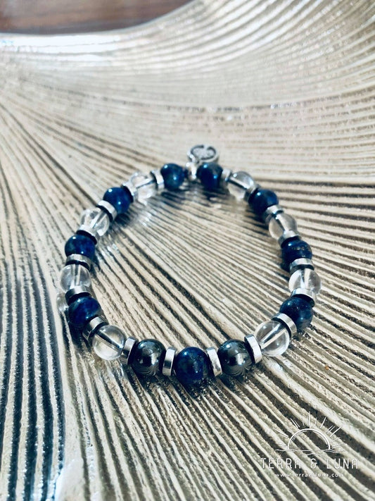 Bracelet en perles naturelles de Lapis Lazuli, Cristal de roche et Hématites, Bracelet élastique mixte en perles de Lapis Lazuli, Cristal de roche