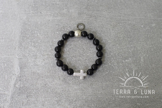 Bracelet en perles naturelles d'Onyx et croix en acier, Bracelet élastique mixte en perles naturelles