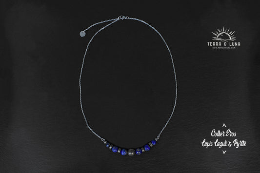Collier Eros en perles naturelles de Lapis Lazuli et Pyrites