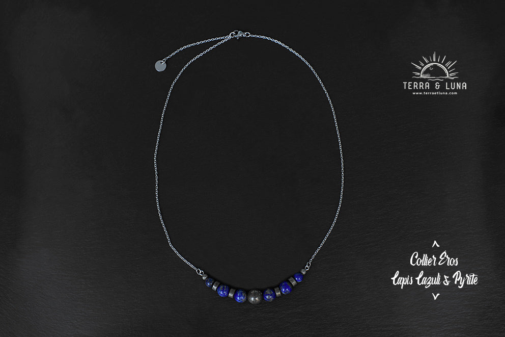 Collier Eros en perles naturelles de Lapis Lazuli et Pyrites