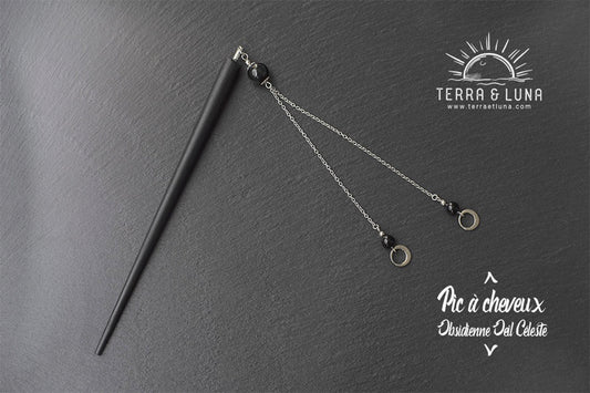 Pic à cheveux Terra & Luna en bois noir et perles naturelles d'Obsidienne oeil céleste