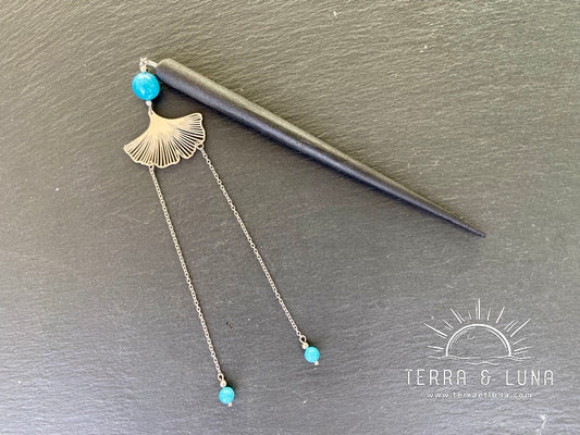 Pic à cheveux Gingko big en bois noir avec perles d'Aigue marine Marine naturelles