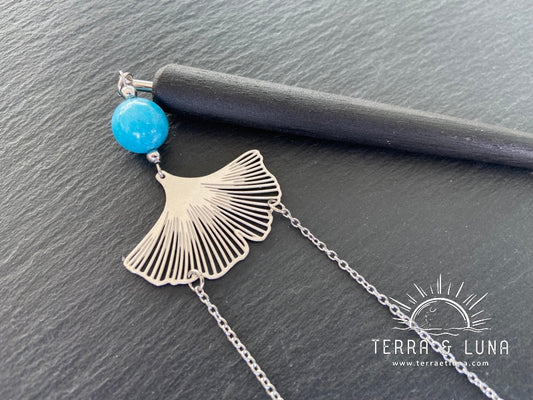 Pic à cheveux Gingko big en bois noir avec perles d'Aigue marine Marine naturelles