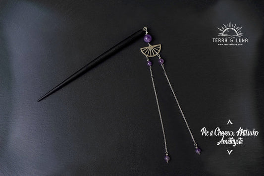 Pic à cheveux Mitsuko en bois noir et perles d'Améthyste naturelles