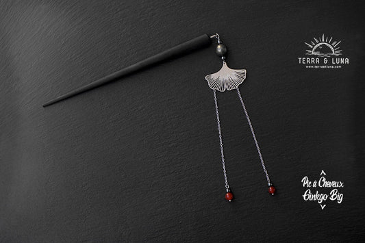 Pic à cheveux Gingko big en bois noir avec perles de Pyrite et Cornaline naturelles