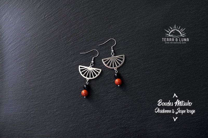 Boucles d'oreilles Mitsuko en perles naturelles d'obsidienne et Jaspe rouge