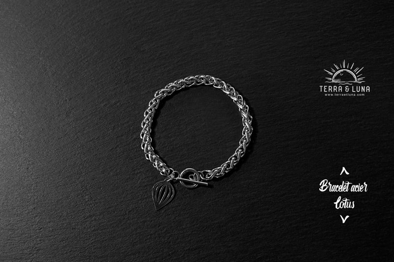 Bracelet artisanal Lotus maille épi en acier, Bracelet gourmette acier fermoir toggle