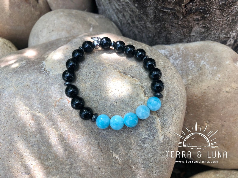 Bracelet en perles naturelles d'Onyx et Aigue Marine, Bracelet élastique mixte en perles naturelles