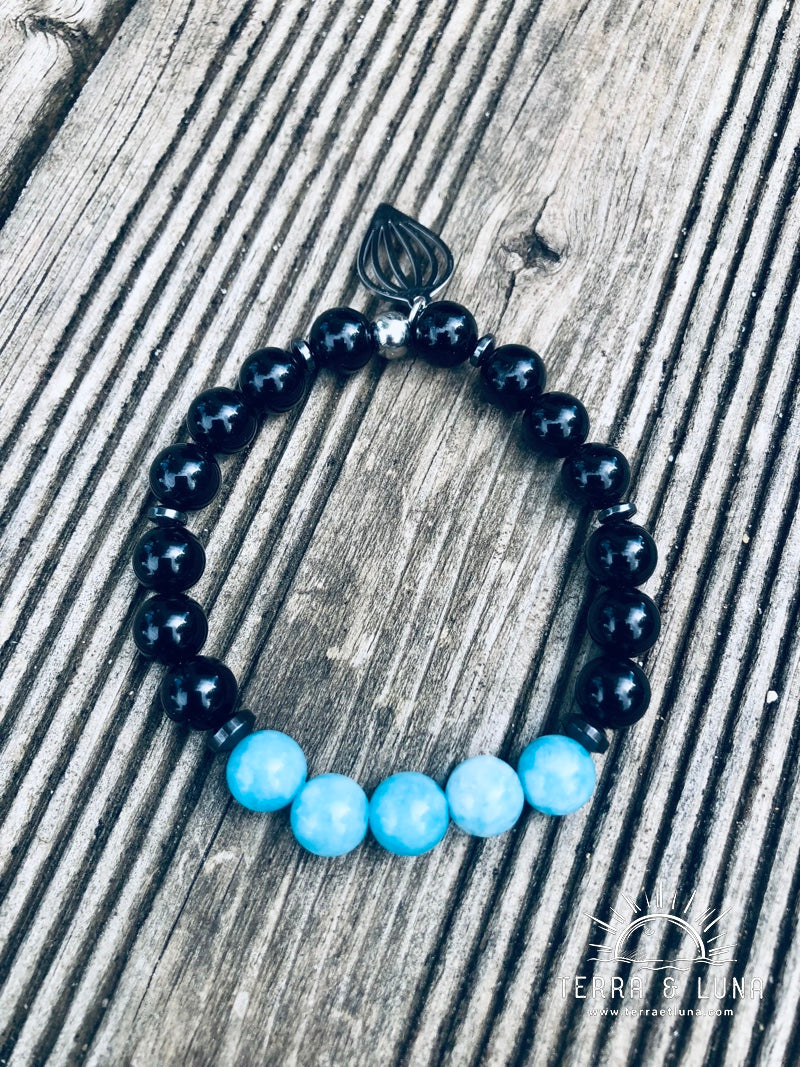 Bracelet en perles naturelles d'Onyx et Aigue Marine, Bracelet élastique mixte en perles naturelles