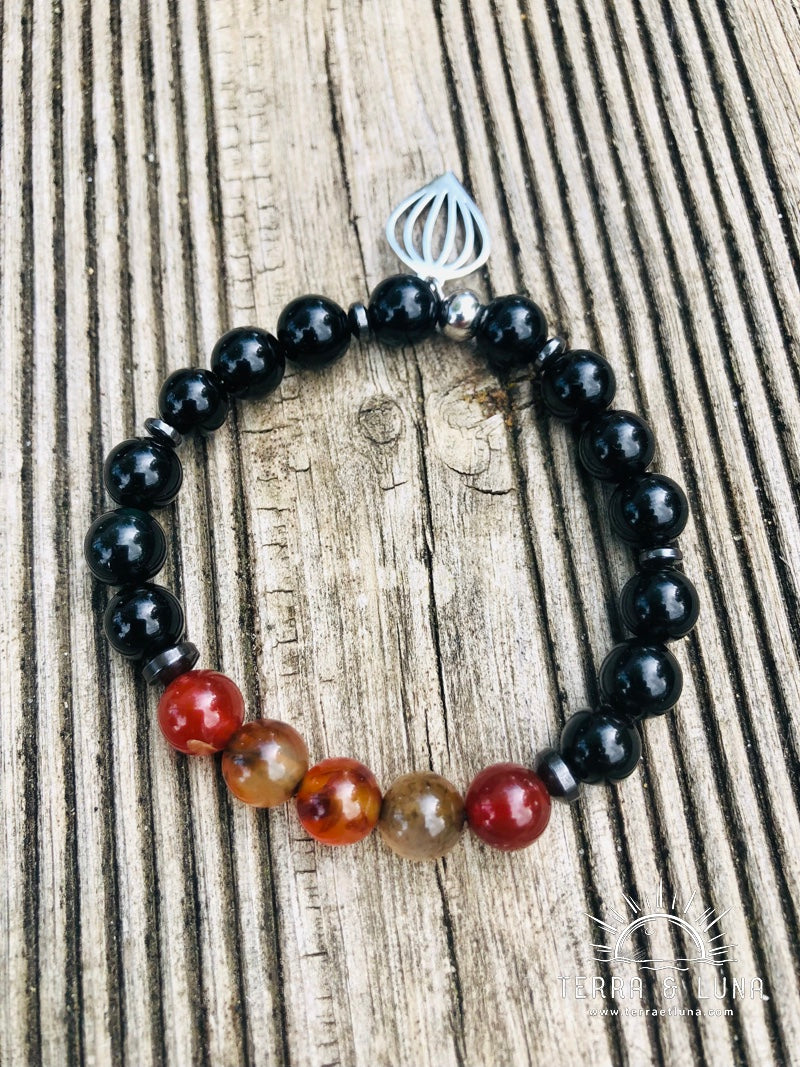 Bracelet en perles naturelles d'Onyx et Agate de Madagascar, Bracelet élastique mixte en perles naturelles