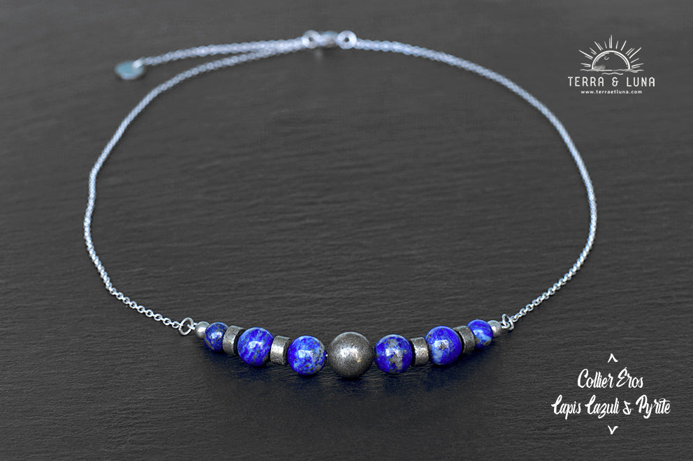 Collier Eros en perles naturelles de Lapis Lazuli et Pyrites