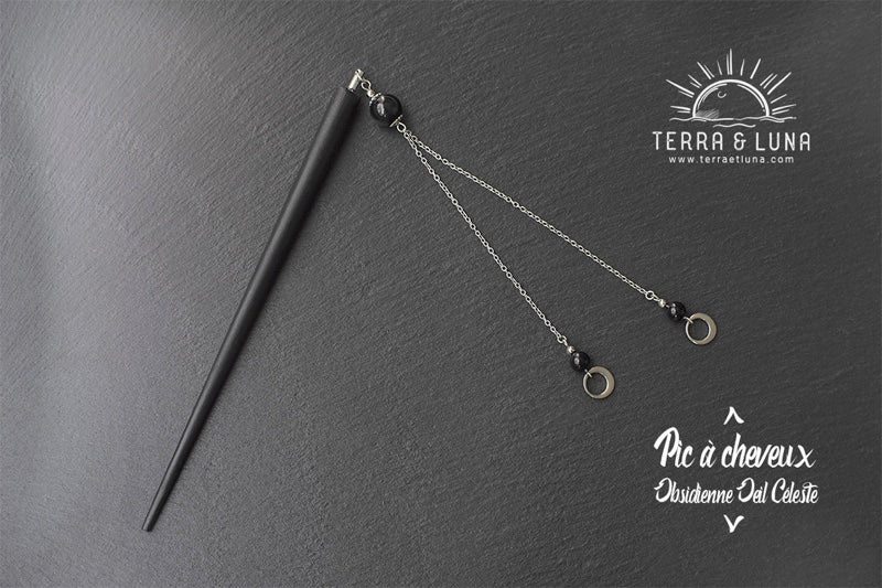 Pic à cheveux Terra & Luna en bois noir et perles naturelles d'Obsidienne oeil céleste