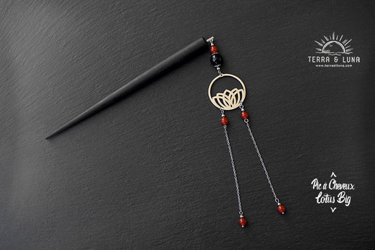 Pic à cheveux Lotus big en bois noir avec perles naturelles d'Obsidienne et Cornaline, Pic à chignon